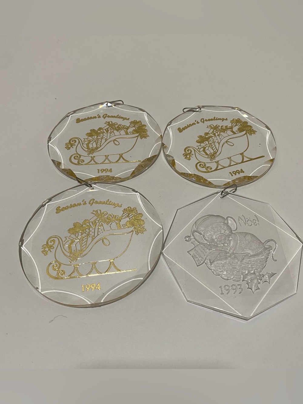 Lot of 4 Vintage 1993 1994 Acrylic Christmas Ornaments Gold Sleigh Noel Mouse Bo